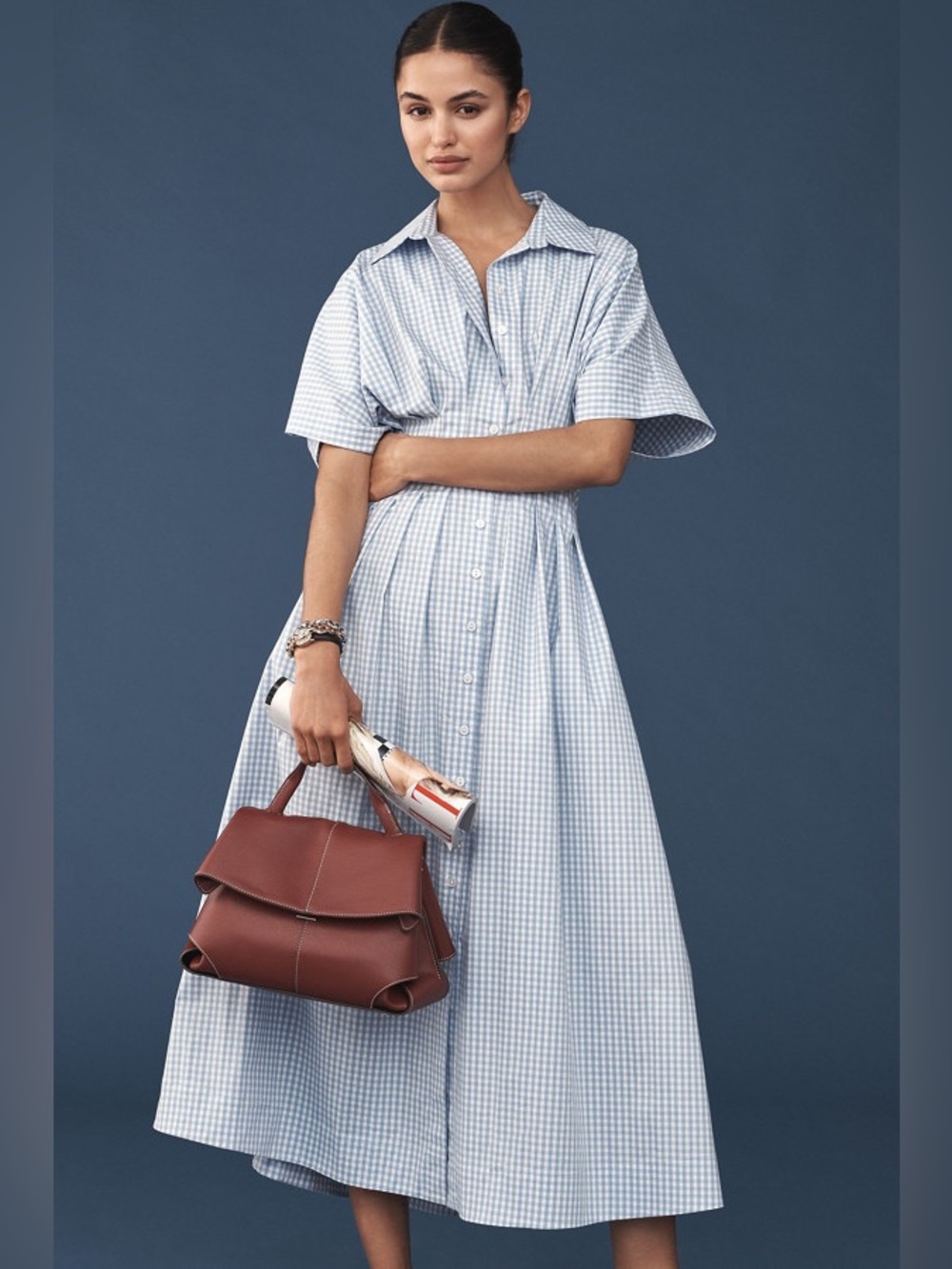 The Tobie Shirt Dress by Exquise Size Medium Blue White Gingham Plaid